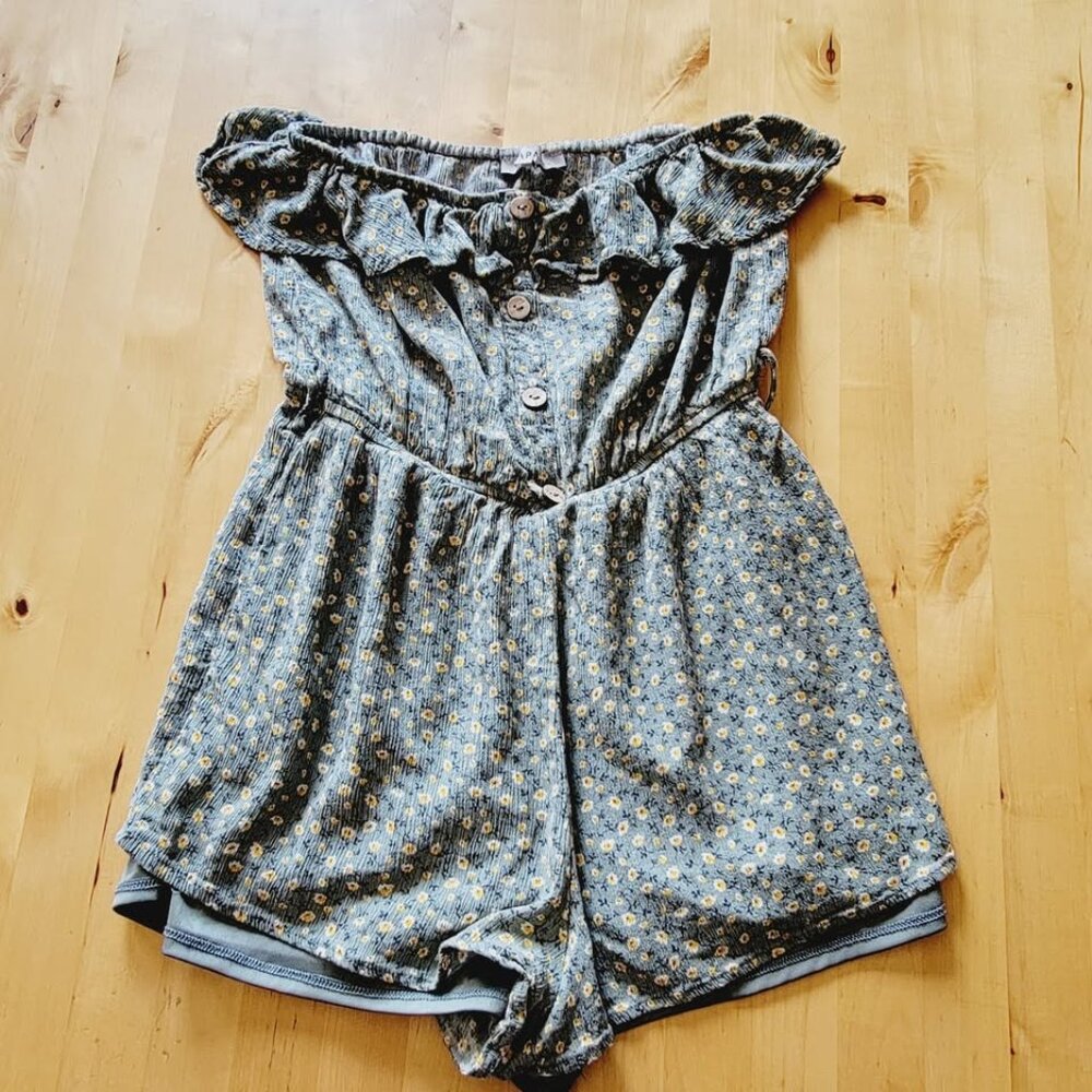 Papaya Off the Shoulder Romper Shorts Ruffle Floral Linen Blend Boho Women's M